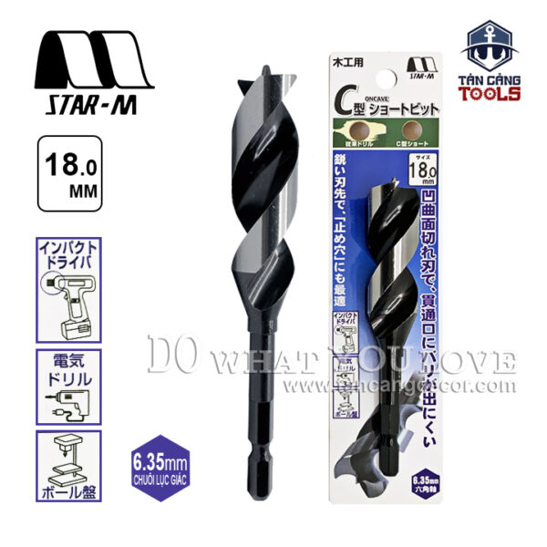 Mũi Khoan Gỗ Star-M 18mm Bước Thưa Ngắn Chuôi Dài Lục Giác - 1 Mũi