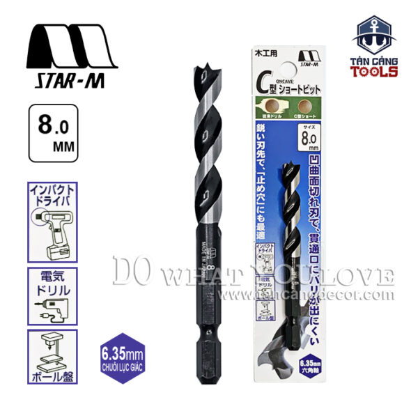 Mũi Khoan Gỗ Star-M 8mm Bước Thưa Ngắn Chuôi Dài Lục Giác Series 1 - 1 Mũi
