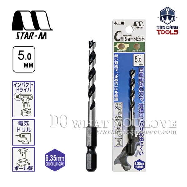 Mũi Khoan Gỗ Star-M 5mm Bước Thưa Ngắn Chuôi Dài Lục Giác Series 1 - 1 Mũi