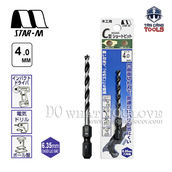 Mũi Khoan Gỗ Star-M 4mm Bước Thưa Ngắn Chuôi Dài Lục Giác Series 1 - 1 Mũi
