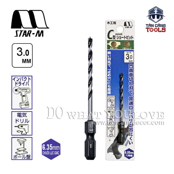 Mũi Khoan Gỗ Star-M 3mm Bước Thưa Ngắn Chuôi Dài Lục Giác Series 1 - 1 Mũi