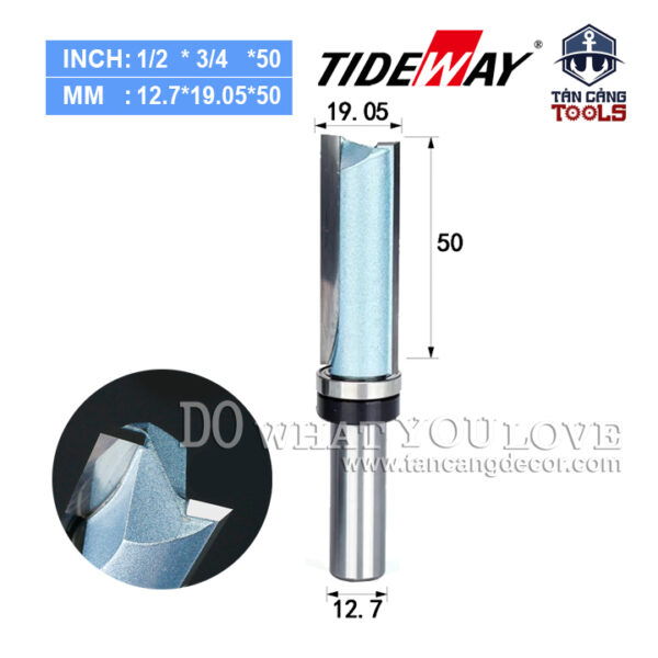 Mũi Router 3 Cánh TideWay Thẳng Bi Trên Cốt 12.7 mm 19 x 50 mm