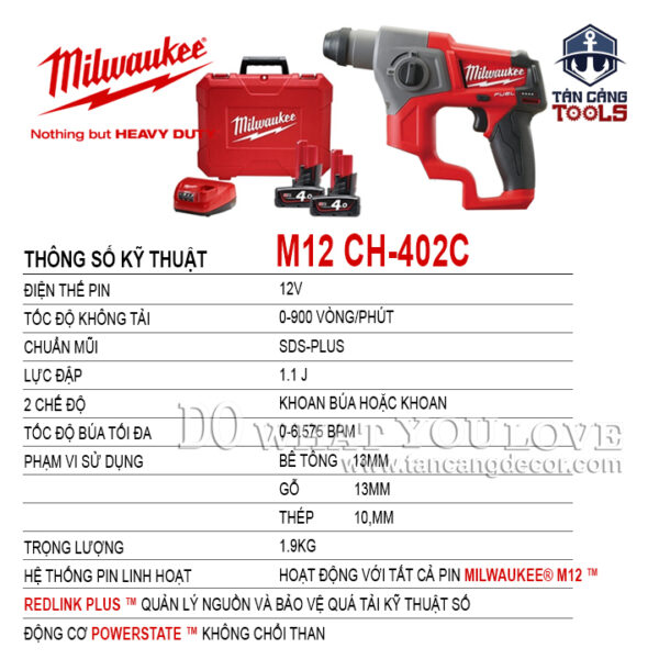 Alternative view of Combo Máy Khoan Bê Tông Dùng Pin Milwaukee M12 CH-402C ( 2 Pin 4.0Ah Và Sạc )