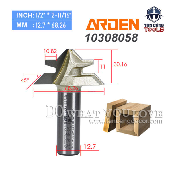 Mũi Router Arden Ghép Góc 90 Độ Cho Ván Dày 25 - 30 mm Cốt 12.7 mm Arden 0308