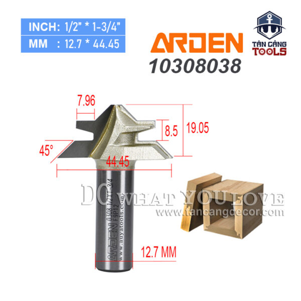 Mũi Router Arden Ghép Góc 90 Độ Cho Ván Dày 15 - 19 mm Cốt 12.7 mm Arden 0308
