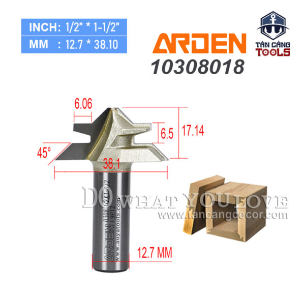 Mũi Router Arden Ghép Góc 90 Độ Cho Ván Dày 12 - 17 mm Cốt 12.7 mm Arden 0308