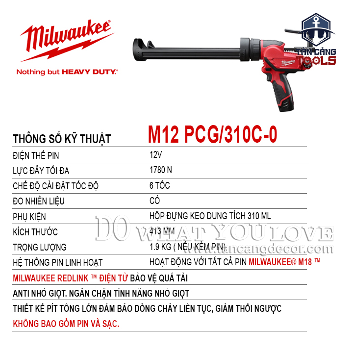 Máy Bơm Keo Dùng Pin Milwaukee M12 PCG/310C-0 ( Thân Máy ) - Ảnh 2