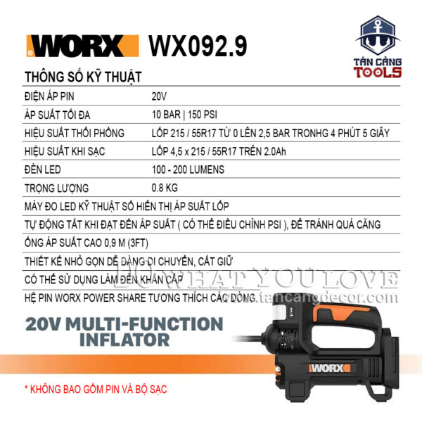 Máy Bơm Hơi Dùng Pin Worx 20 V WX092.9 ( Thân Máy ) - Ảnh 3