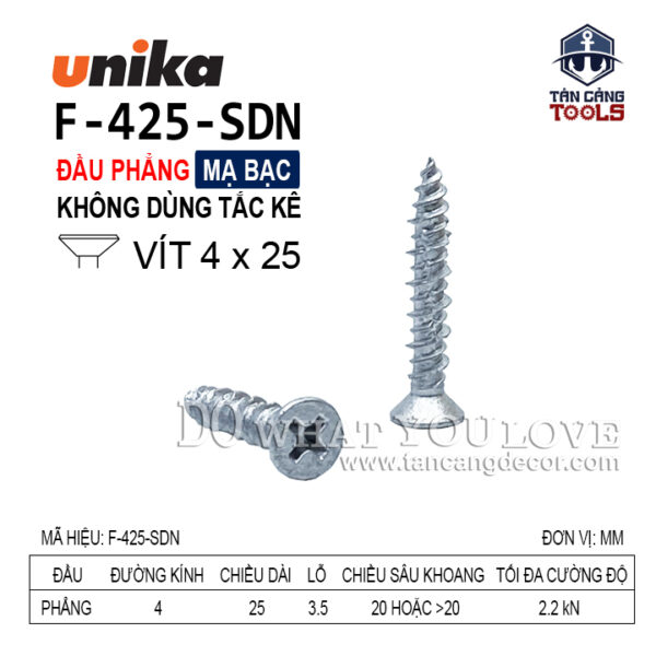 Alternative view of Vít Không Tắc Kê Đầu Phẳng Unika F425 - SDN ( Hộp 200 Cái )
