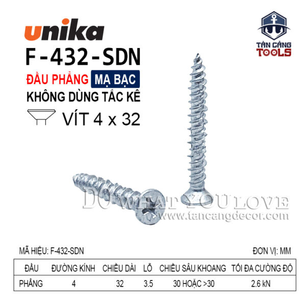 Alternative view of Vít Không Tắc Kê Đầu Phẳng Unika F432 - SDN ( Hộp 150 Cái )
