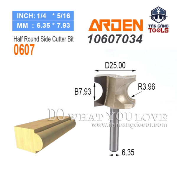 Mũi Router Arden Bán Nguyệt Đánh Chỉ Lồi R3.96 Cốt 6.35 mm Arden 0607