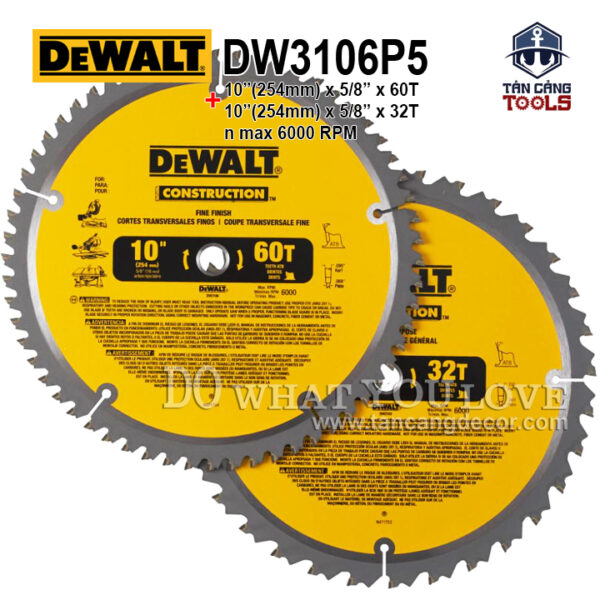 Combo 2 Lưỡi Cưa Gỗ Hợp Kim 250 x 16 mm x 32 - 60T DeWalt DW3106P5