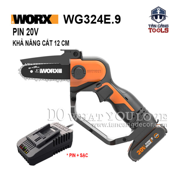 Combo Máy Cưa Xích Cầm Tay Dùng Pin 20V Worx WG324E.9 ( Thân Máy, 1 Pin 2.0Ah. 1 Sạc )
