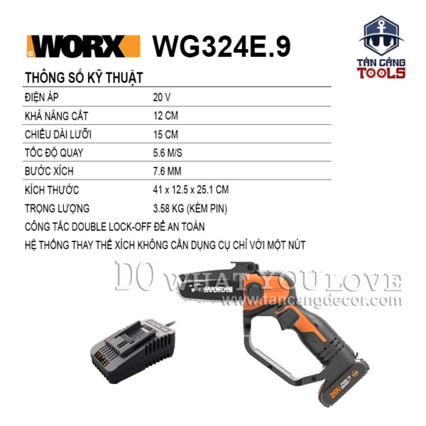 Combo Máy Cưa Xích Cầm Tay Dùng Pin 20V Worx WG324E.9 ( Thân Máy, 1 Pin 2.0Ah. 1 Sạc ) - Ảnh 3