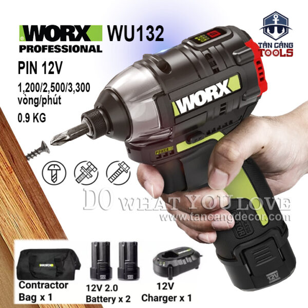 Combo Máy Vặn Vít Động Lực Dùng Pin 12V Worx WU132-21 ( Thân Máy, 2 Pin 2.0Ah, 1 Sạc, 1 Thùng Nhựa )