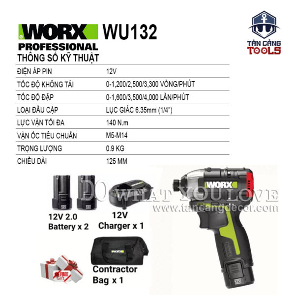 Alternative view of Combo Máy Vặn Vít Động Lực Dùng Pin 12V Worx WU132-21 ( Thân Máy, 2 Pin 2.0Ah, 1 Sạc, 1 Thùng Nhựa )