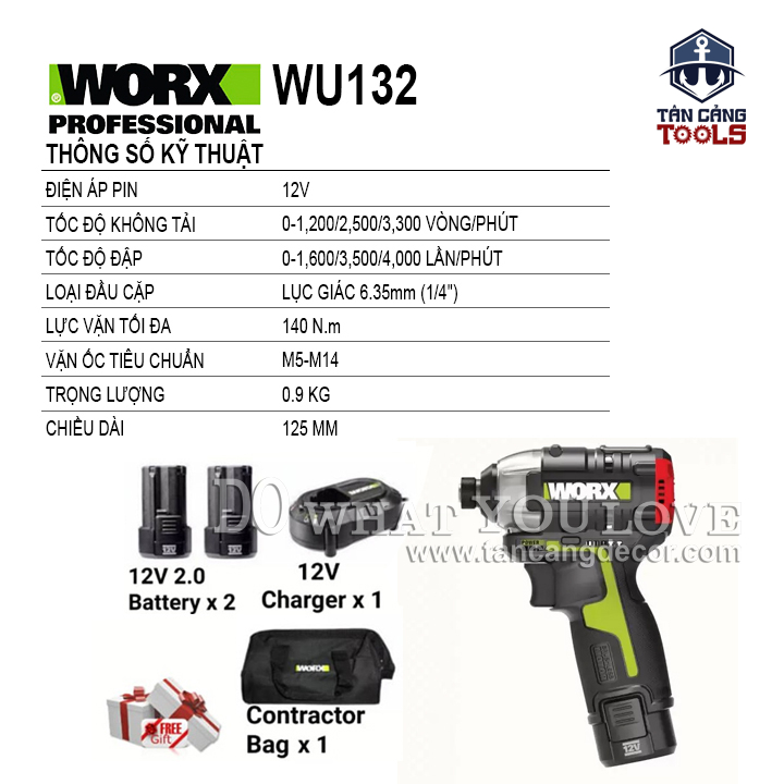 Combo Máy Vặn Vít Động Lực Dùng Pin 12V Worx WU132-21 ( Thân Máy, 2 Pin 2.0Ah, 1 Sạc, 1 Thùng Nhựa ) - Ảnh 2