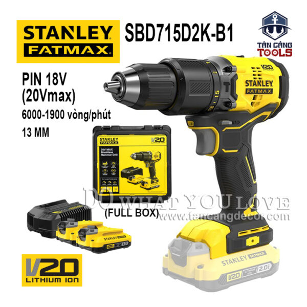 Combo Máy Khoan Động Lực Dùng Pin 20V Stanley FatMax SBD715D2K-B1 ( Thân Máy, 2 Pin 2.0Ah, 1 Sạc )