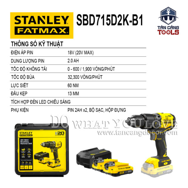 Combo Máy Khoan Động Lực Dùng Pin 20V Stanley FatMax SBD715D2K-B1 ( Thân Máy, 2 Pin 2.0Ah, 1 Sạc ) - Ảnh 3