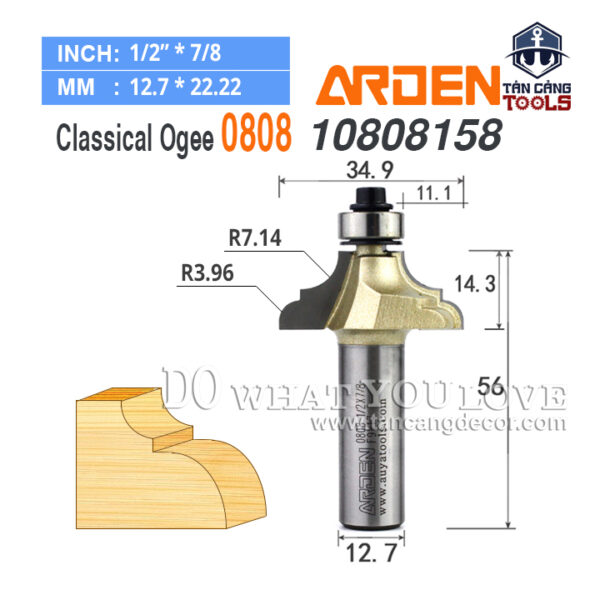 Mũi Router Arden Đánh Chỉ Chữ S R3.96 x R7.14 mm Cốt 12.7 mm Arden 0808