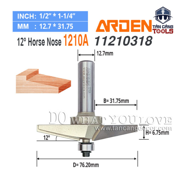 Mũi Router Arden Đánh Chỉ Ngựa 12 Độ 6.75 x 76.2 mm Cốt 12.7 mm Arden 1210A