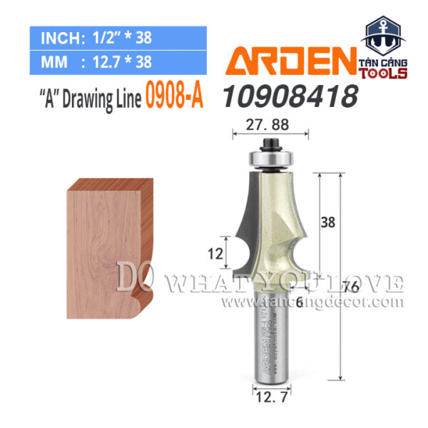 Mũi Router Arden Đánh Chỉ Chữ A 38 x 27.88 mm Cốt 12.7 mm Arden 0908A