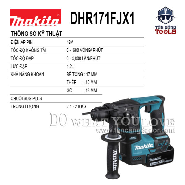 Combo Máy Khoan Động Lực Dùng Pin Makita 18V DHR171FJX1 + Thùng Phụ Kiện 65 Chi Tiết B-69478 - Ảnh 3