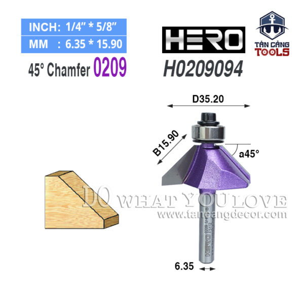Mũi Router Hero Vát 45 Độ 15.9 mm Cốt 6.35 mm Hero H0209094