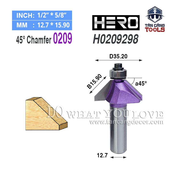 Mũi Router Hero Vát 45 Độ 15.9 mm Cốt 12.7 mm Hero H0209298