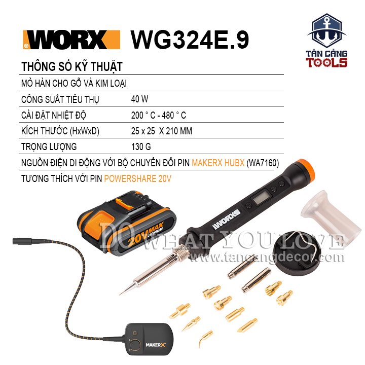 Combo Mỏ Hàn Điều Chỉnh Nhiệt Độ Dùng Pin 20 V Worx WX744.9 - Ảnh 2