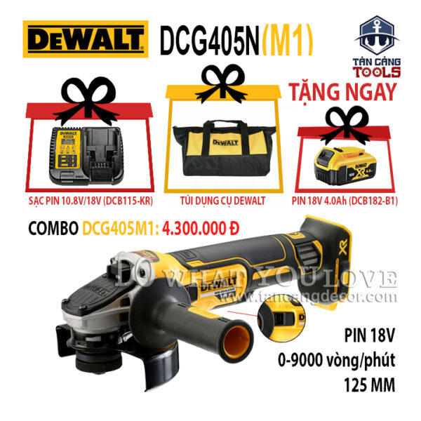 Combo Máy Mài Góc 100 mm Dùng Pin DeWalt 18V DCG405M1 + Pin 4.0 Ah + Sạc Nhanh + Túi Xách