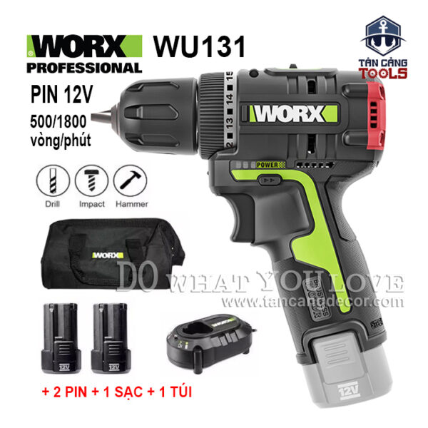 Combo Máy Khoan Động Lực Dùng Pin 12V Worx WU131 ( Thân Máy Đầu Kẹp Nhựa , 2 Pin 2.0Ah, 1 Sạc, 1 Túi )