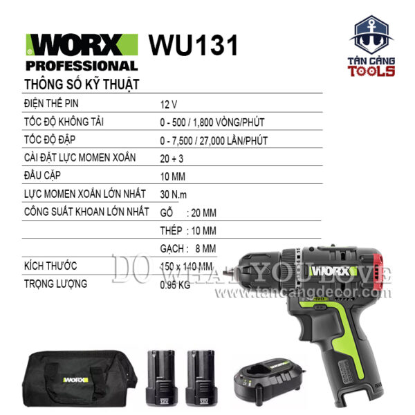 Alternative view of Combo Máy Khoan Động Lực Dùng Pin 12V Worx WU131 ( Thân Máy Đầu Kẹp Nhựa , 2 Pin 2.0Ah, 1 Sạc, 1 Túi )