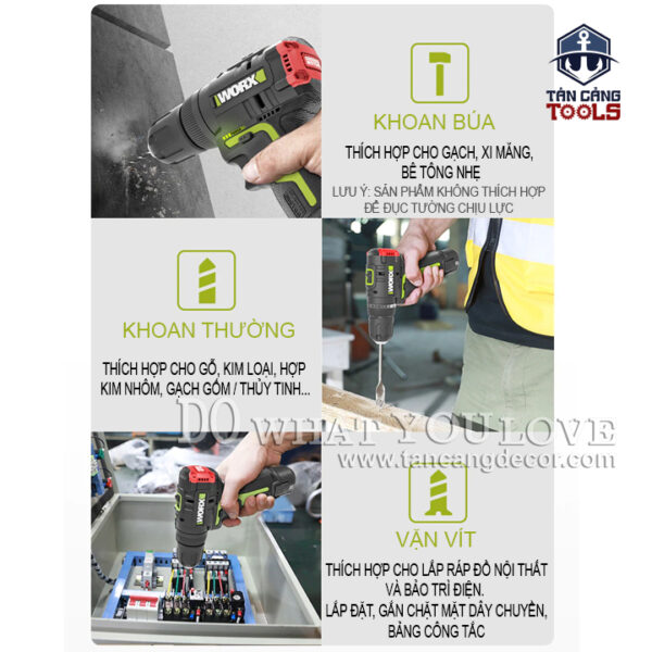 Combo Máy Khoan Động Lực Dùng Pin 12V Worx WU131 ( Thân Máy Đầu Kẹp Nhựa , 2 Pin 2.0Ah, 1 Sạc, 1 Túi ) - Ảnh 3