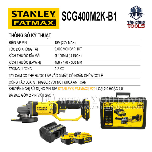Alternative view of Combo Máy Mài Góc 100 mm Dùng Pin 20V Stanley FatMax SCG400M2K ( Thân Máy, 2 Pin 4.0Ah, 1 Sạc )