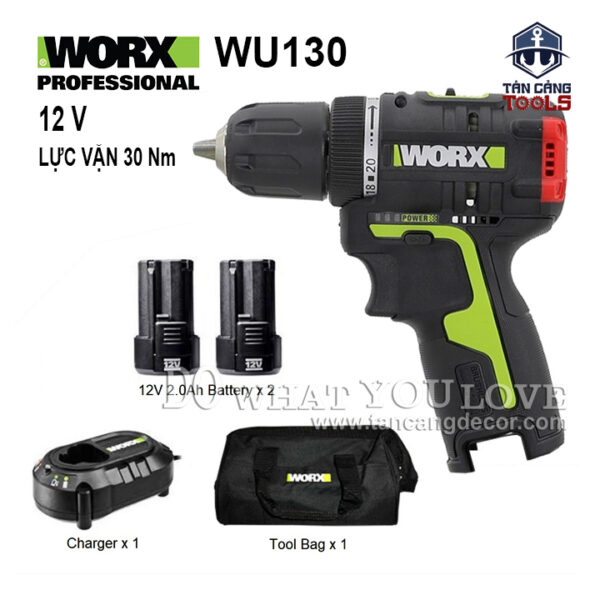 Combo Máy Khoan Dùng Pin 12V Worx WU130 ( Thân Máy, 2 Pin 2.0Ah, 1 Sạc, 1 Túi )