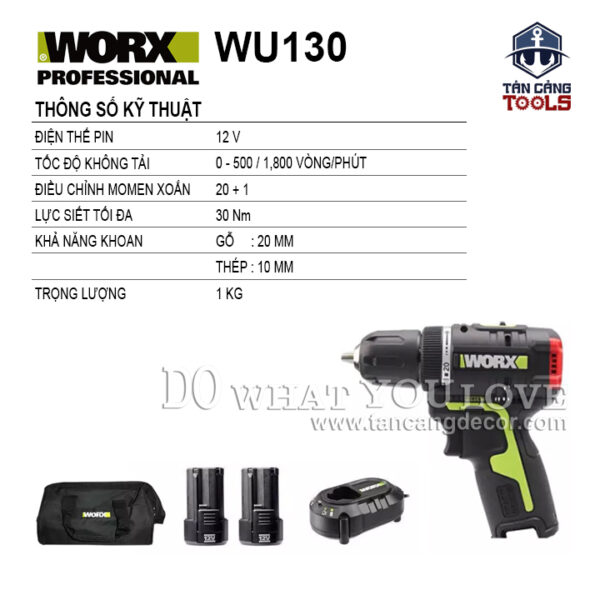 Alternative view of Combo Máy Khoan Dùng Pin 12V Worx WU130 ( Thân Máy, 2 Pin 2.0Ah, 1 Sạc, 1 Túi ) + Tặng Máy Mài Worx WU800
