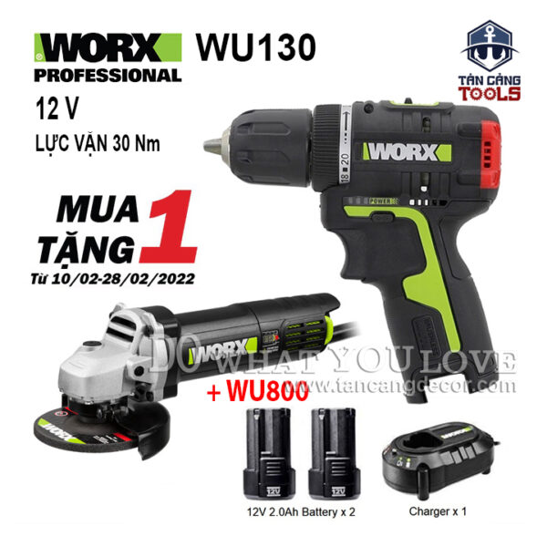 Combo Máy Khoan Dùng Pin 12V Worx WU130 ( Thân Máy, 2 Pin 2.0Ah, 1 Sạc, 1 Túi ) + Tặng Máy Mài Worx WU800