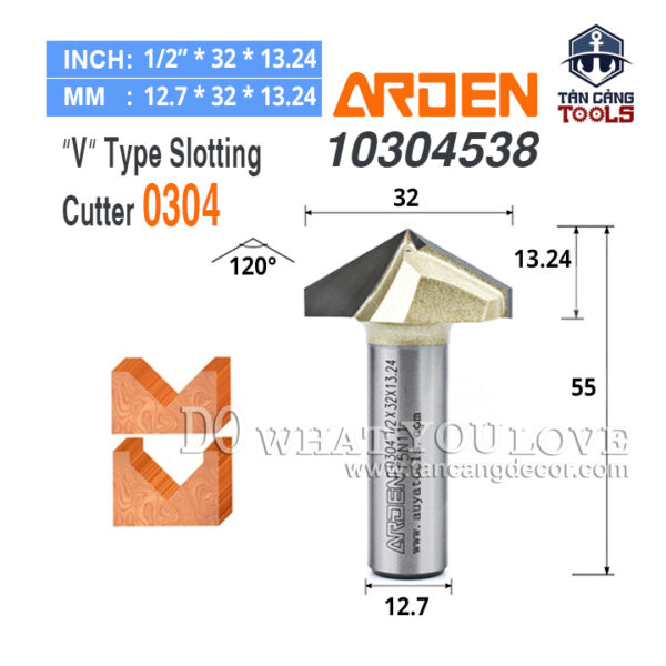 Mũi Router Arden Đánh Rãnh V 120 Độ 32 x 13.24 mm Cốt 12.7 mm Arden 0304