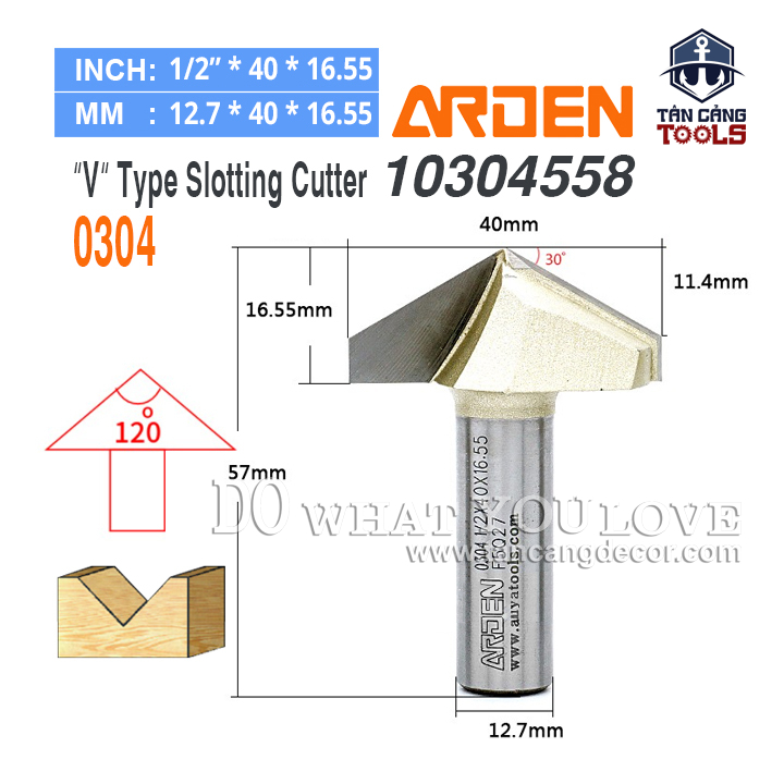 Mũi Router Arden Đánh Rãnh V 120 Độ 40 x 16.55 mm Cốt 12.7 mm Arden 0304