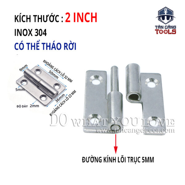 2 Bản Lề Inox 304 Dạng Tháo Rời - KT : 36 x 50 x 2 mm ( 2 Inches )