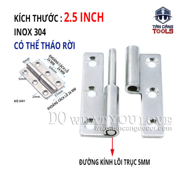 2 Bản Lề Inox 304 Dạng Tháo Rời - KT : 37 x 64 x 2 mm ( 2.5 Inches )