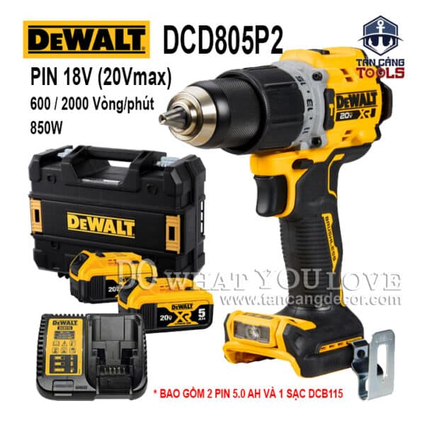 Combo Máy Khoan Động Lực Dùng Pin DeWalt 20V DCD805P2 ( Thân Máy, Thùng Nhựa, 1 Sạc, 2 Pin 5.0 Ah )