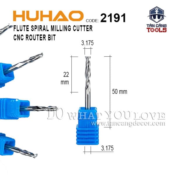 Mũi CNC Xoắn Huhao 3.175 x 22 mm Cốt 3.175 mm
