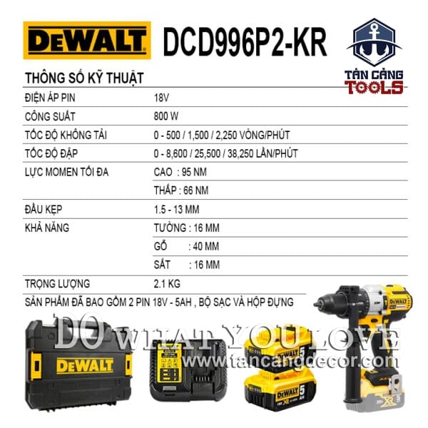 Alternative view of Combo Máy Khoan Động Lực Dùng Pin DeWalt 18V DCD996P2 ( Thân Máy, Thùng Nhựa, 1 Sạc, 2 Pin 5.0 Ah )