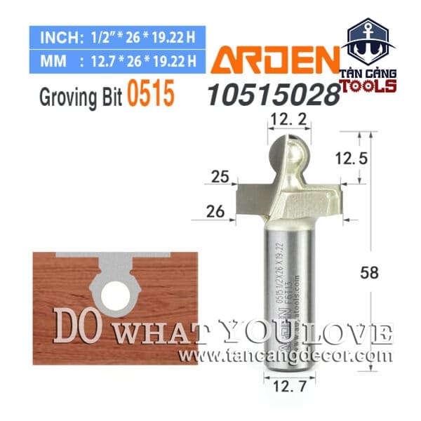 Mũi Router Arden Đánh Rãnh Thanh Chống Mo 12.2 x 12.5 mm Cốt 12.7 mm Arden 0514