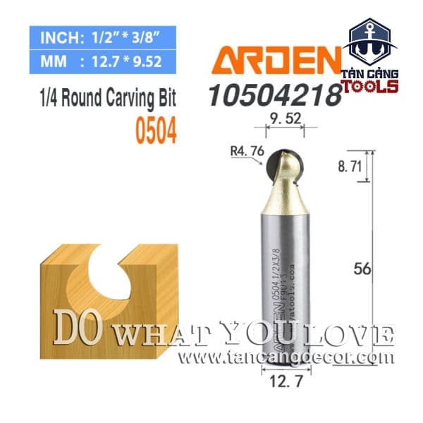 Mũi Router Arden Đánh Rãnh Cổ Tròn R4.76 mm Cốt 12.7 mm Arden 0504