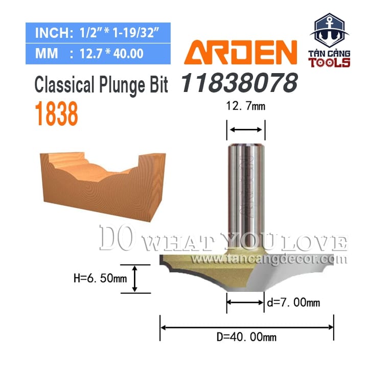 Mũi Router Arden Đánh Pano Tủ 7 x 40 mm Cốt 12.7 mm Arden 1838