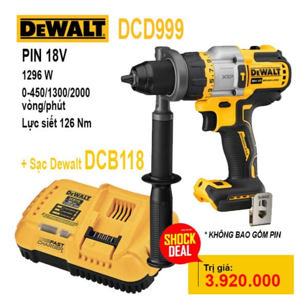 Máy Khoan Động Lực Dùng Pin DeWalt 20V DCD999N + Sạc Nhanh DCB118