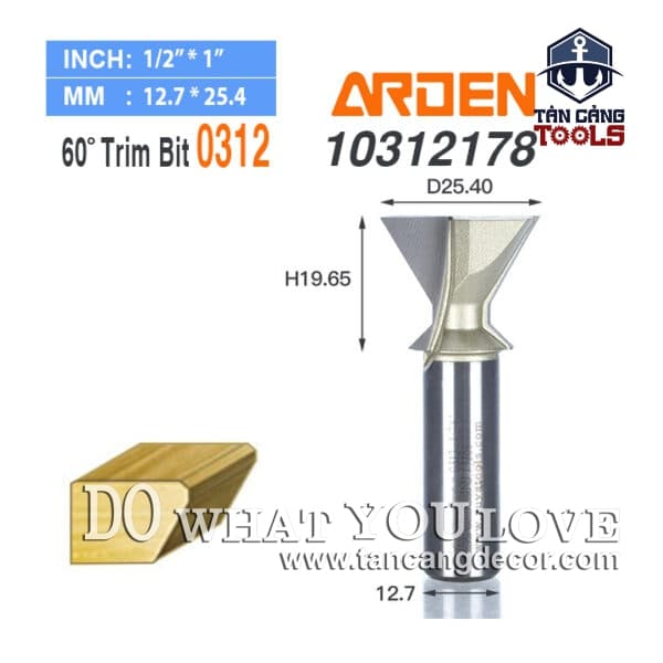 Mũi Router Arden Tay Vát 60 Độ 19.65 x 25.4 mm Cốt 12.7 mm Arden 0312